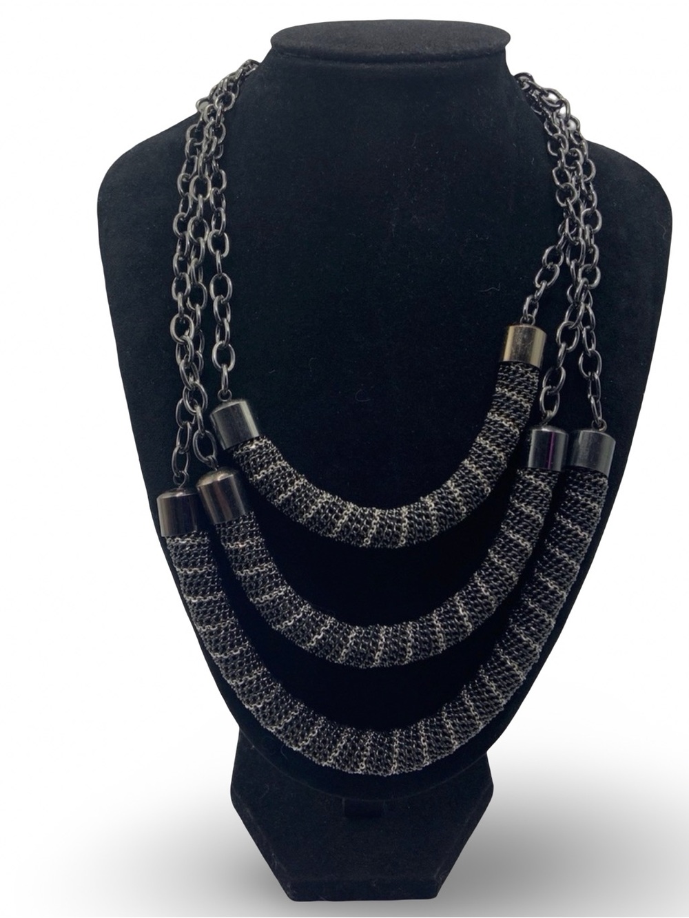 Da Vinci 3 Strand Mesh Women's Layered Black Statement Necklace